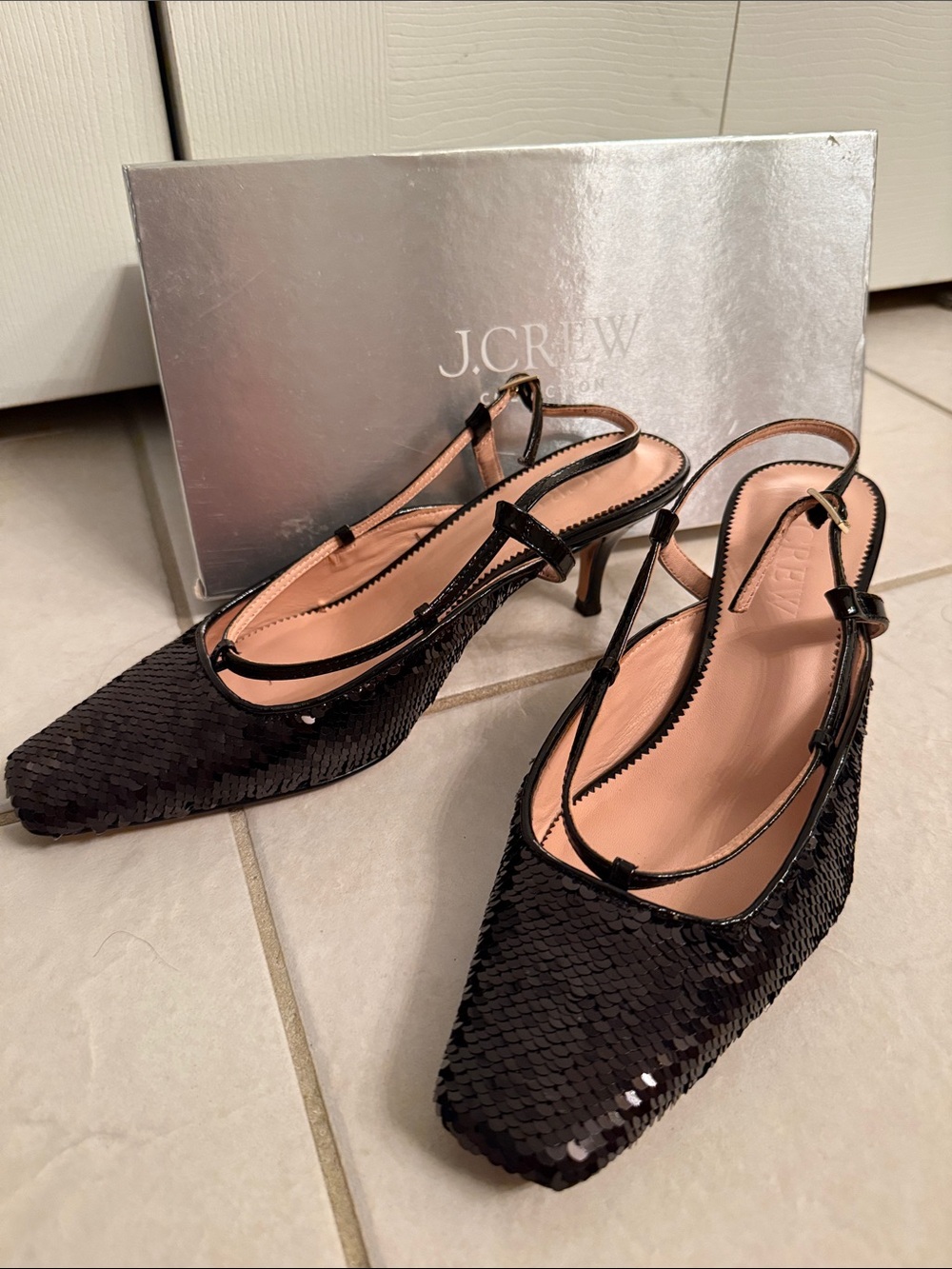 J. Crew Black Sequin Slingback Kitten Heels
